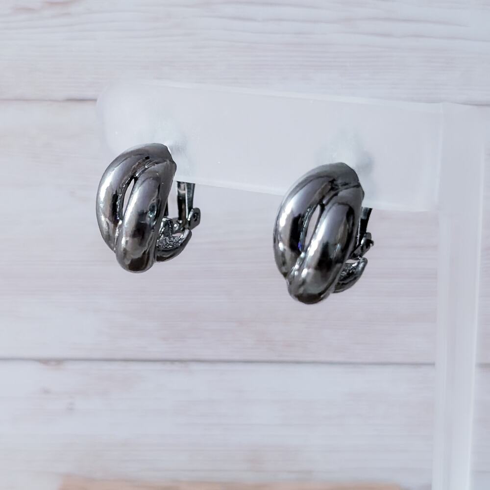 Vintage Clip On Earrings Dark Grey Twisted Chunky Hoops